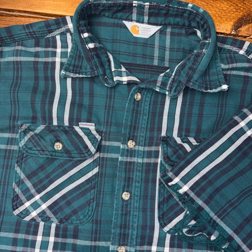 Carhartt Button Down Shirt Mens 2XL Teal Plaid Distressed Cut off Sleeve Flannel